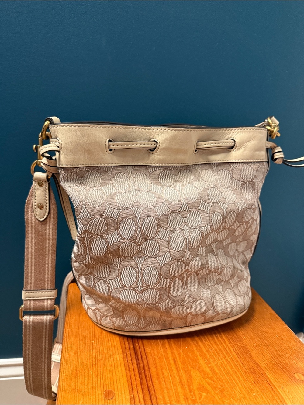 Coach Beige Signature Drawstring Crossbody Bag